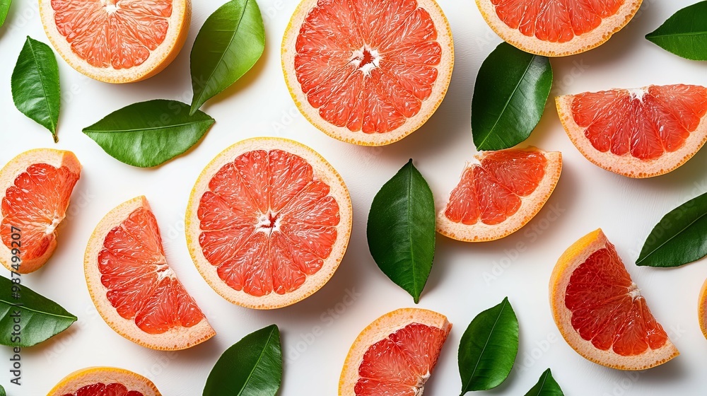 Fresh Grapefruit Halves and Slices with Green Leaves Fresh Grapefruit Halves and Slices with Green Leaves