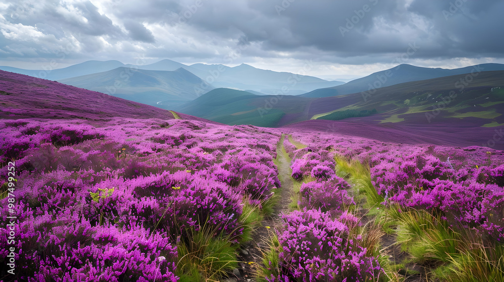 Stunning View of Purple Heather Field with Mountain Path Stunning View of Purple Heather Field with Mountain Path