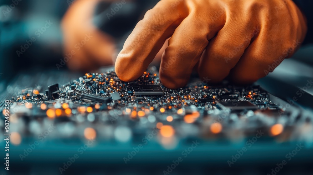 A person's gloved hands are carefully working on an intricate electronic circuit, showcasing the precision and attention to detail required in modern electronics and technology assembly. A person's gloved hands are carefully working on an intricate electronic circuit, showcasing the precision and attention to detail required in modern electronics and technology assembly.