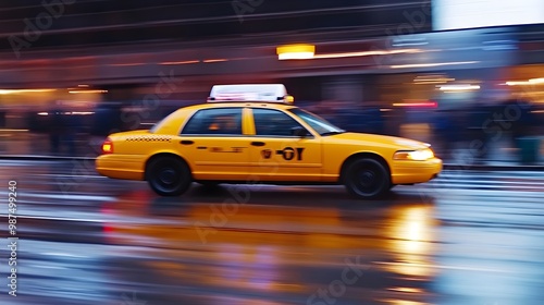 Yellow taxi cab in motion, blurred city background