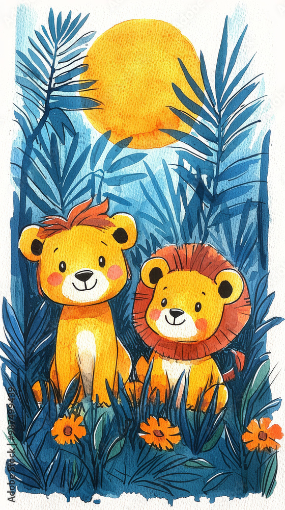Two cute lion cubs sit in a jungle setting with a bright yellow sun behind them. Two cute lion cubs sit in a jungle setting with a bright yellow sun behind them.
