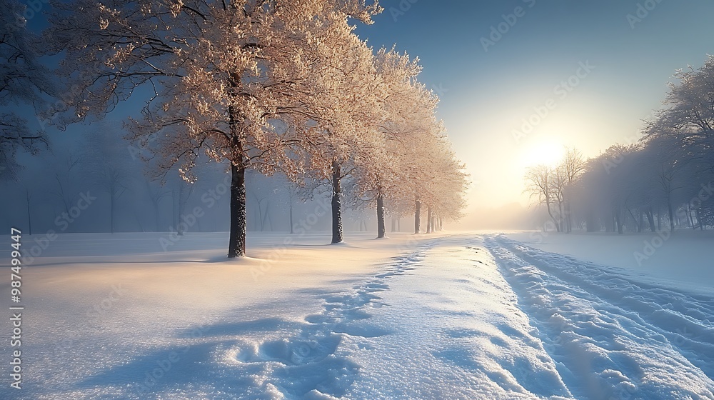 A snowy path through a winter forest with frosted trees and the sun shining through the fog. A snowy path through a winter forest with frosted trees and the sun shining through the fog.
