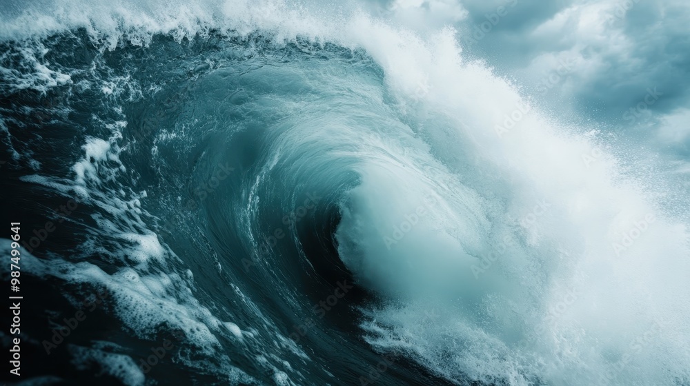 This image captures a giant ocean wave curling gracefully, ready to crash down with tremendous force, highlighting the raw power and beauty of ocean dynamics in turbulent weather. This image captures a giant ocean wave curling gracefully, ready to crash down with tremendous force, highlighting the raw power and beauty of ocean dynamics in turbulent weather.