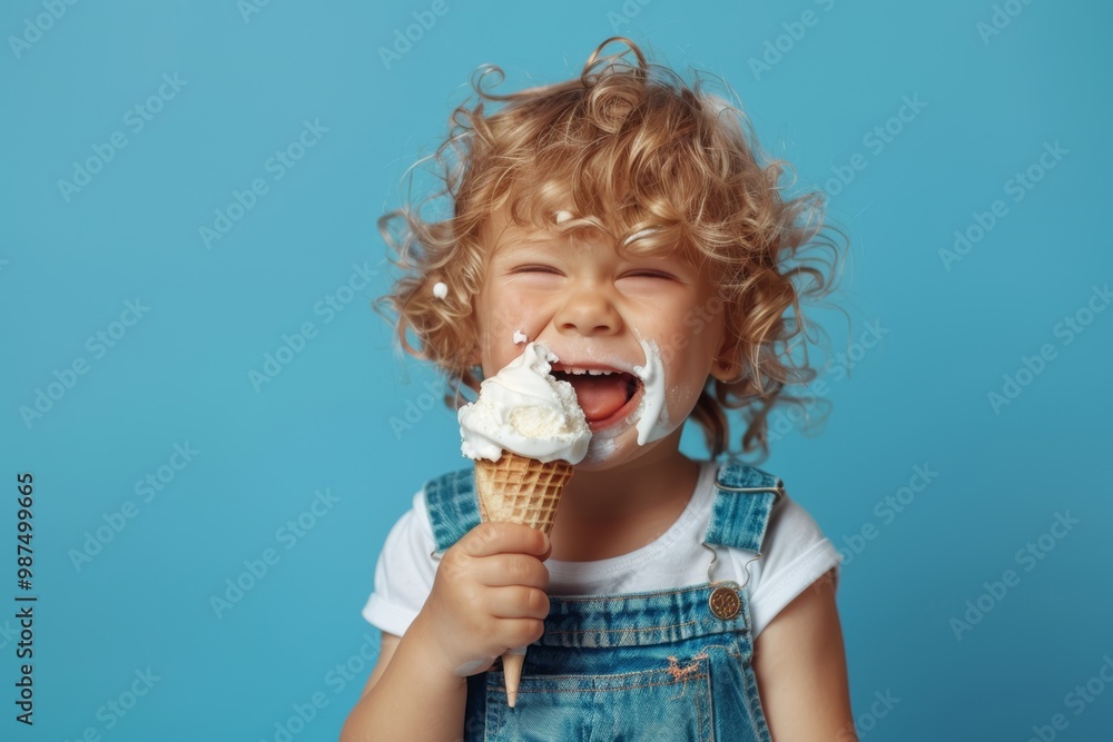 A kid enjoys a cool ice cream on a sunny day. Lovely infant girl curly blond hair playing nice day. Capturing carefree spirit of early childhood. A kid enjoys a cool ice cream on a sunny day. Lovely infant girl curly blond hair playing nice day. Capturing carefree spirit of early childhood.