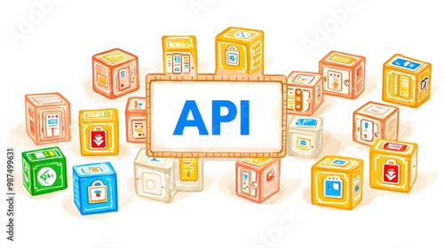 API Gateway: A gateway with multiple doors, each representing a different API endpoint. "API" ,isolate on white background 