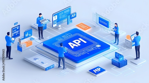 API Marketplace: A virtual marketplace with different API icons, representing a platform for discovering and using APIs . 