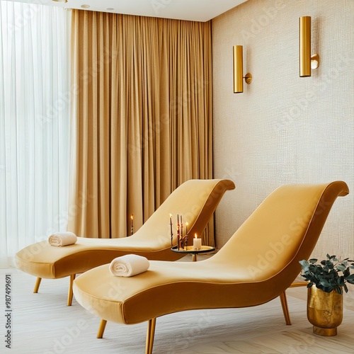 Elegant spa suite with velvet chaise lounges, gold fixtures, and calming incense