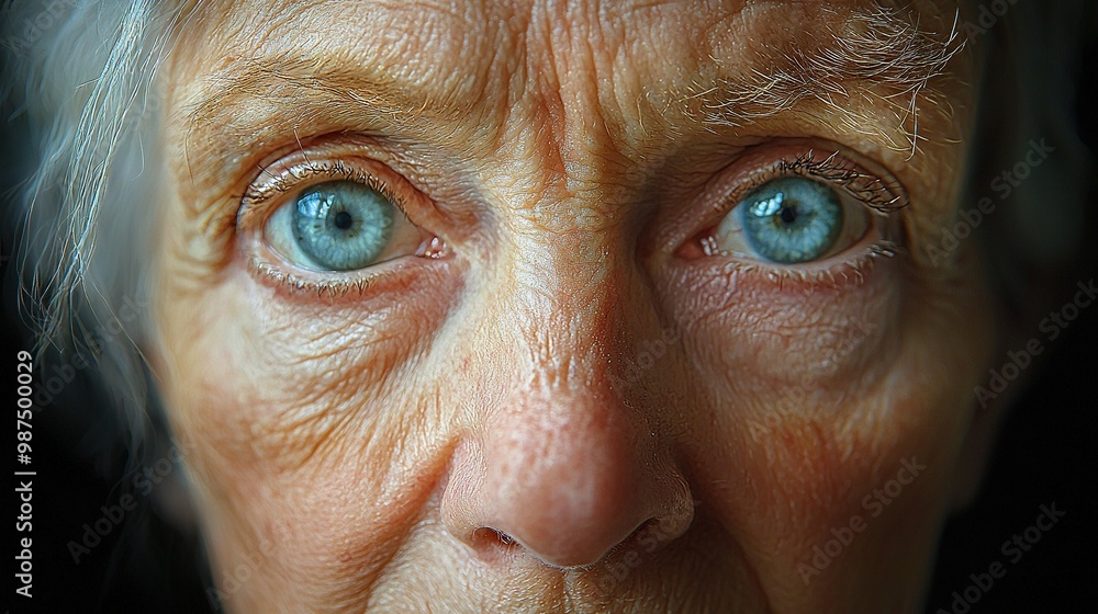 A close-up photo of an elderly woman's face, showing blue eyes and wrinkles on her upper face region A close-up photo of an elderly woman's face, showing blue eyes and wrinkles on her upper face region