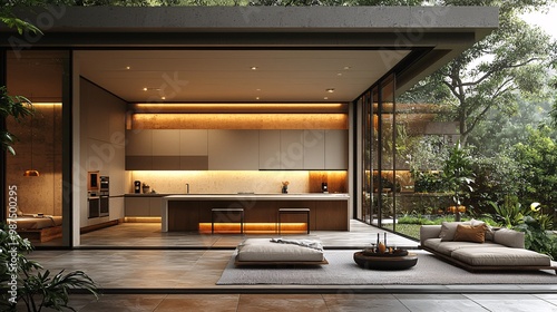 Wallpaper Mural A contemporary, minimalist kitchen design with glossy white surfaces, integrated lighting, and a large central island Torontodigital.ca