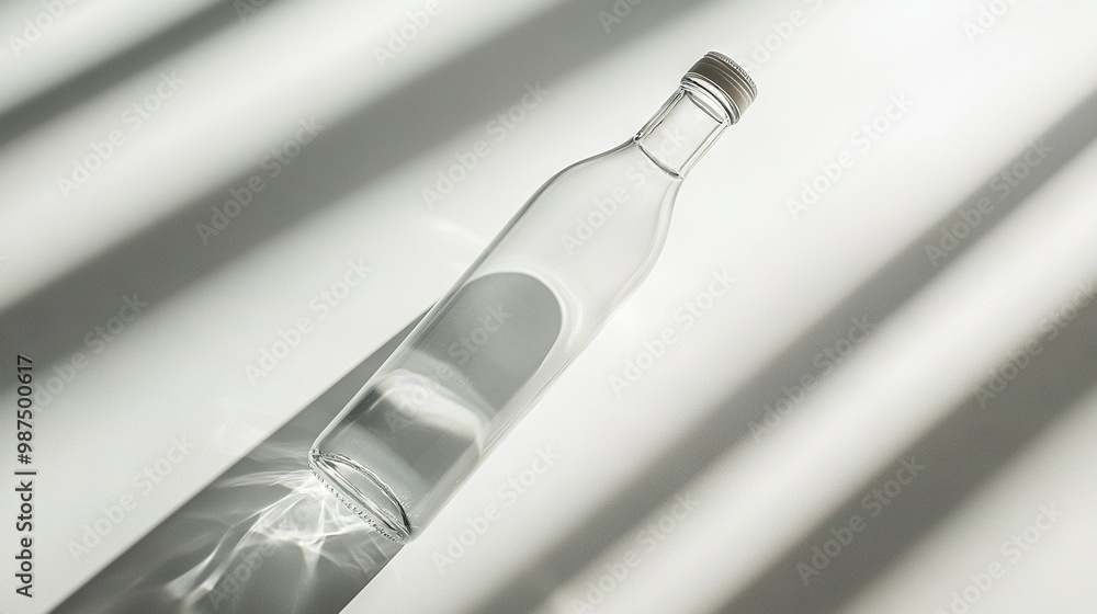 Water bottle atop table, adjacent to window with shades Water bottle atop table, adjacent to window with shades