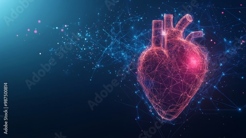 abstract digital of human heart with polygonal illustration of lines and glowing dots