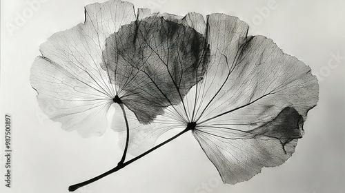   A monochrome picture of a leaf with a veiny appearance on its backside
