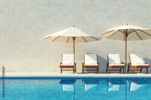 Four loungers under umbrellas by poolside.