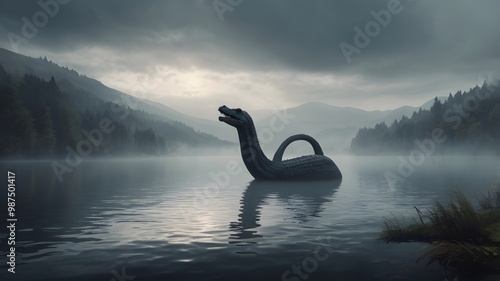 Loch Ness monster in a dark night / Nessi monster / cryptozoology character photo