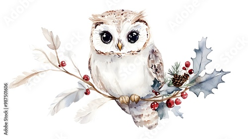 Watercolor illustration of a Boho-style Christmas owl, adorned with festive accessories such as a small wreath and feathers. The owl is painted in soft hues like light gray, beige, and soft 
