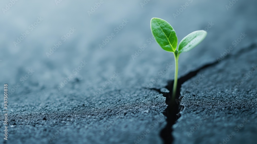 A small green plant emerges from a cracked asphalt surface, symbolizing resilience, hope, and the power of life to thrive even in harsh conditions. A small green plant emerges from a cracked asphalt surface, symbolizing resilience, hope, and the power of life to thrive even in harsh conditions.
