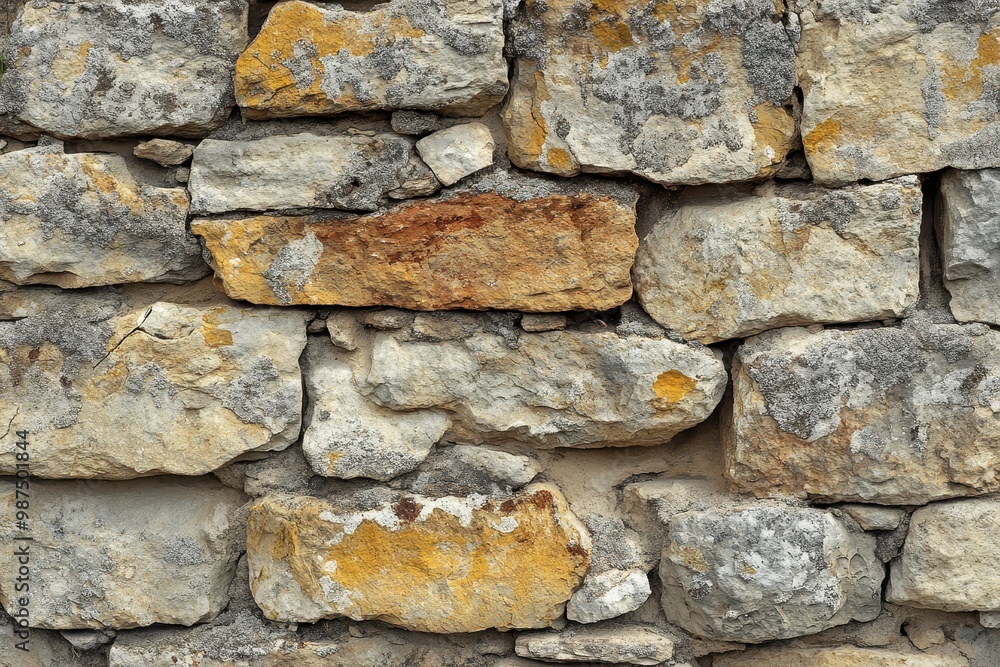 Closeup of an old stone wall with lichen and mortar Closeup of an old stone wall with lichen and mortar