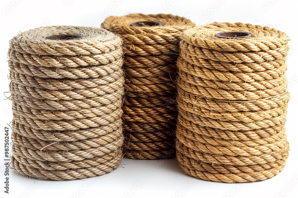 A photograph of jute ropes in various sizes and weights on a white background, for product photography and packaging.Brown jute rope in rolls and thick strands of different sizes A photograph of jute ropes in various sizes and weights on a white background, for product photography and packaging.Brown jute rope in rolls and thick strands of different sizes
