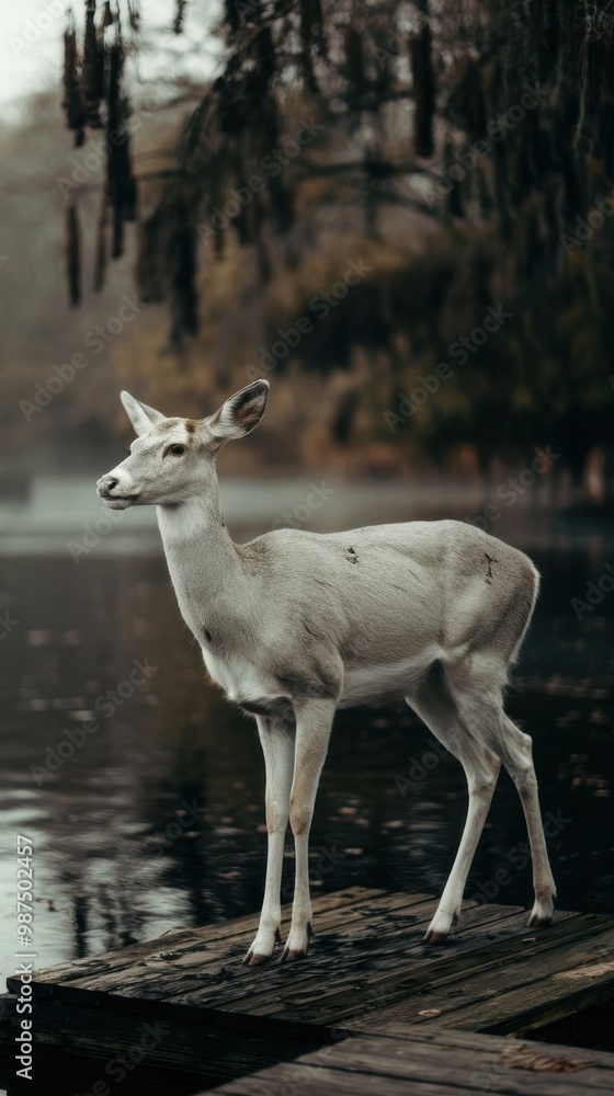 White Deer Standing on Wooden Dock in Misty Forest by Water White Deer Standing on Wooden Dock in Misty Forest by Water