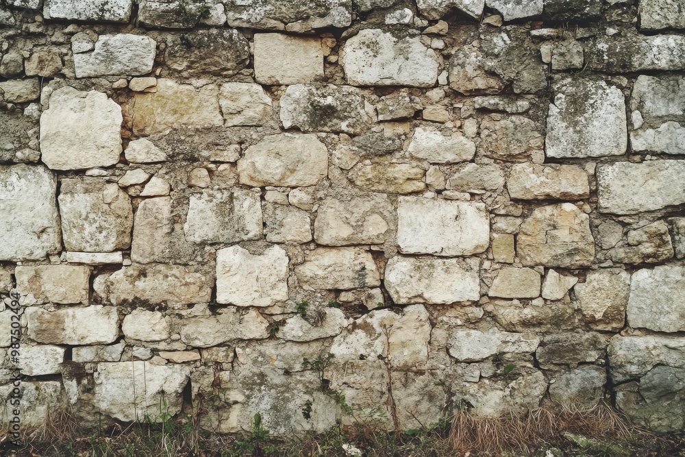 Fototapeta premium Weathered Stone Wall with Patches of Green Growth
