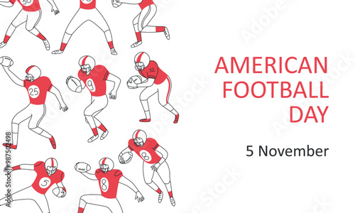 American Football Day, November 5 banner. American football players with football ball. Sport. Vector doodle hand drawn linear illustration