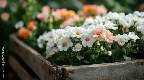 A charming wooden planter box filled with soft pastel flowers in shades of white and light pink, set in an outdoor garden environment, representing elegance and serenity in gardening. photo