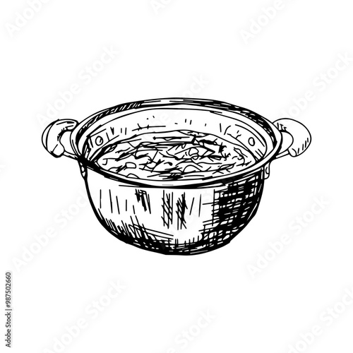 A black and white hand-drawn illustration of a cooking pot with something boiling inside. The sketch features detailed hatching and line work, giving it a rustic and traditional feel. 