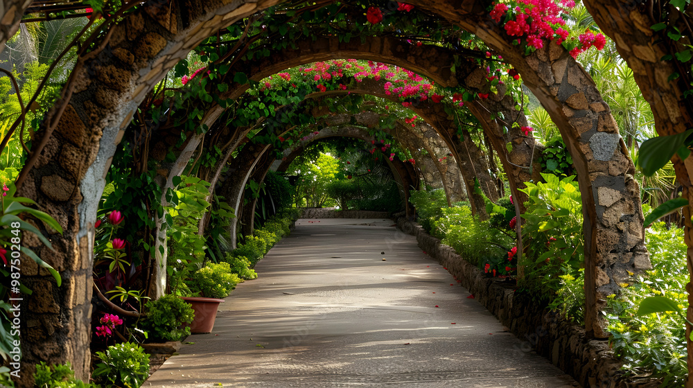 Stone Archway with Lush Greenery and Flower Tunnel Stone Archway with Lush Greenery and Flower Tunnel