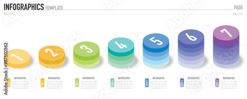Circular isometric infographic template or element with 7 step, process, option, colorful circle, bar, column, arrow, minimal style, slide