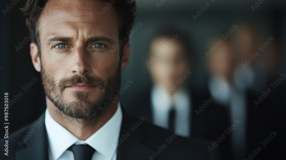 A sharp-suited man appears determined, his focused expression accentuated by the professional setting, inspiring confidence and inner strength through his gaze. A sharp-suited man appears determined, his focused expression accentuated by the professional setting, inspiring confidence and inner strength through his gaze.