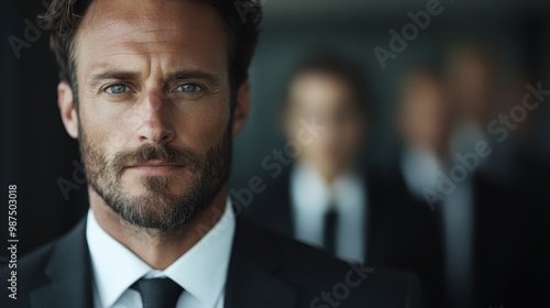 A sharp-suited man appears determined, his focused expression accentuated by the professional setting, inspiring confidence and inner strength through his gaze.