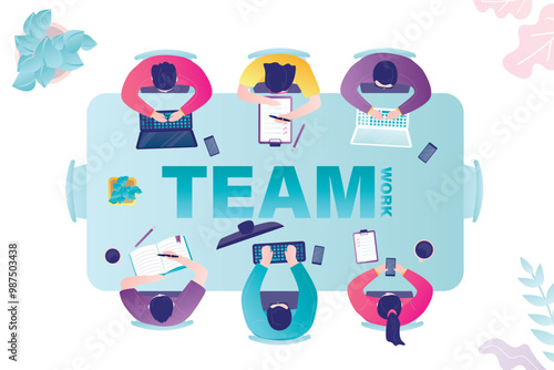 Office teamwork workers business management meeting and brainstorming at table, top view. Managers sitting at desk. Employees cooperation. Business people negotiation.