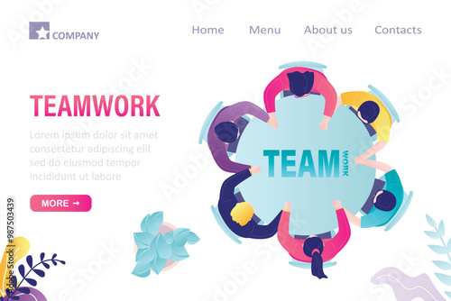 Office teamwork, landing page template. Business team holding hands forming circle, top view. Creative managers sitting at desk. Employees cooperation. Business people negotiation.