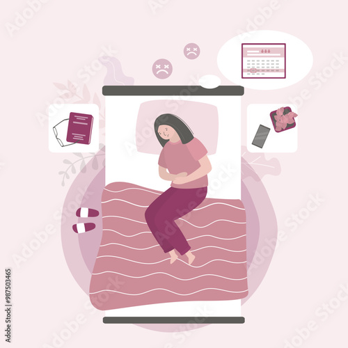 Unhappy woman lying on bed feeling pain in stomach concept. Period pain or menstrual cramps. Symptoms of pms pain. Top view, room interior.