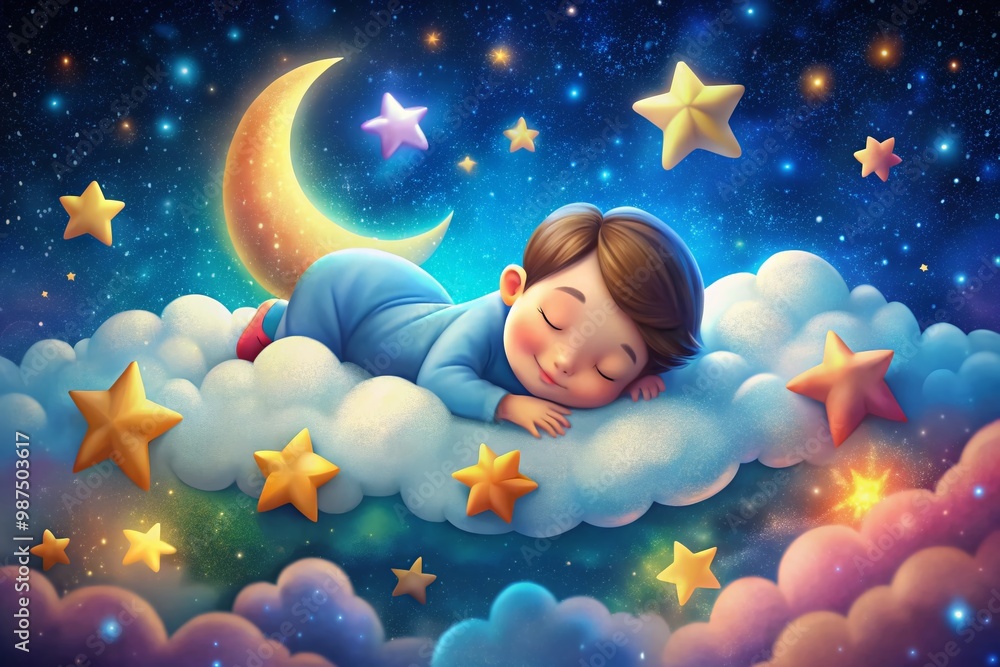 Cartoon character peacefully sleeping on a cloud surrounded by stars and a dreamy night sky background Cartoon character peacefully sleeping on a cloud surrounded by stars and a dreamy night sky background