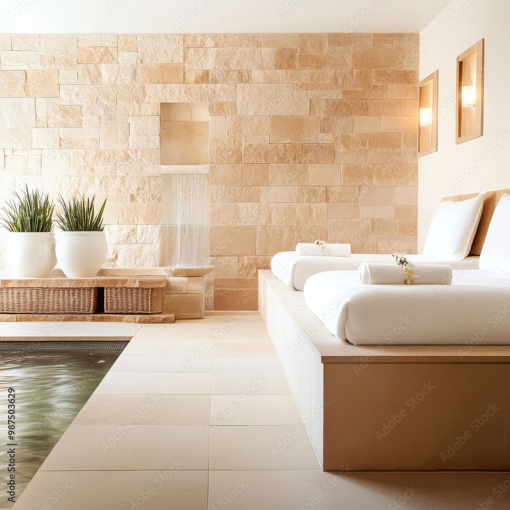 Spa suite with natural stone walls, gentle water features, and soft, earthy tones Spa suite with natural stone walls, gentle water features, and soft, earthy tones