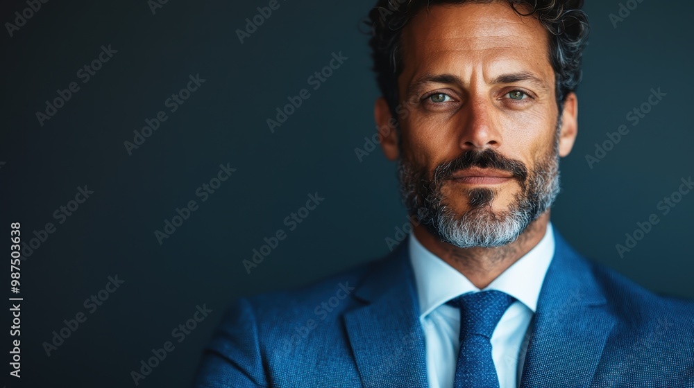 An elegant, confident man in a tailored blue suit, standing against a dark background, reflecting authority and professionalism. His deep gaze is captivating. An elegant, confident man in a tailored blue suit, standing against a dark background, reflecting authority and professionalism. His deep gaze is captivating.