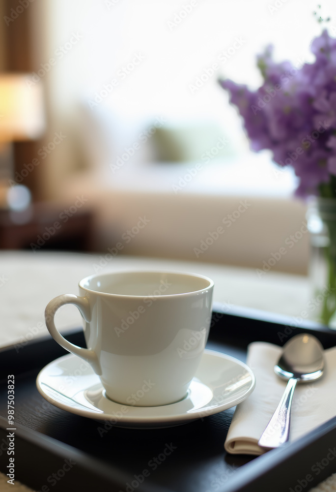 Obraz premium 花瓶の背景がぼやけている、部屋のトレイに置かれたティーカップの静物シーン