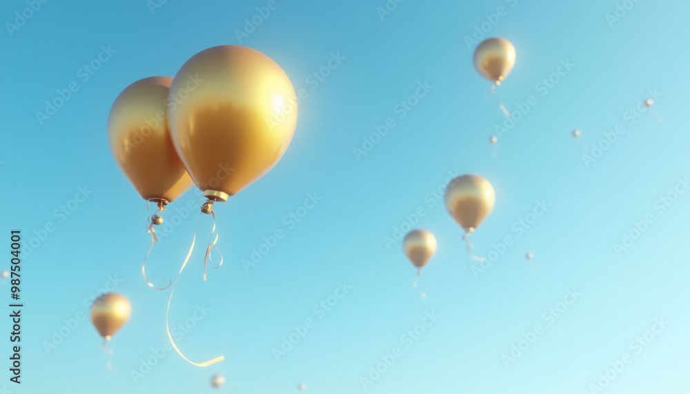 A bunch of gold balloons are floating in the sky A bunch of gold balloons are floating in the sky