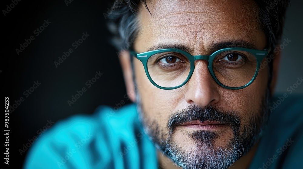 A mature man with a beard and glasses wearing a turquoise shirt gazes intently, displaying a calm and thoughtful demeanor in a softly blurred background. A mature man with a beard and glasses wearing a turquoise shirt gazes intently, displaying a calm and thoughtful demeanor in a softly blurred background.