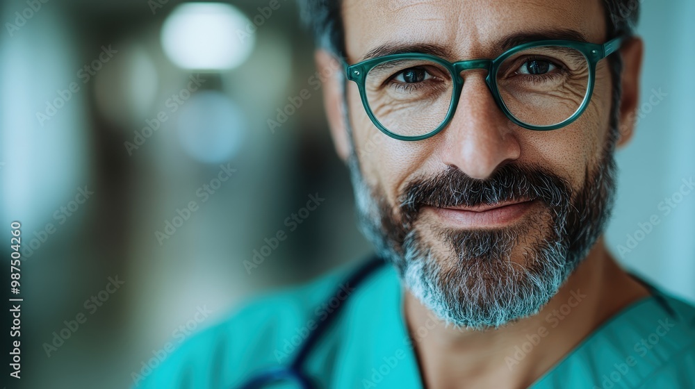 A male healthcare professional in glasses and scrubs gives a warm smile, capturing an approachable and caring nature, with a blurred corridor behind him. A male healthcare professional in glasses and scrubs gives a warm smile, capturing an approachable and caring nature, with a blurred corridor behind him.