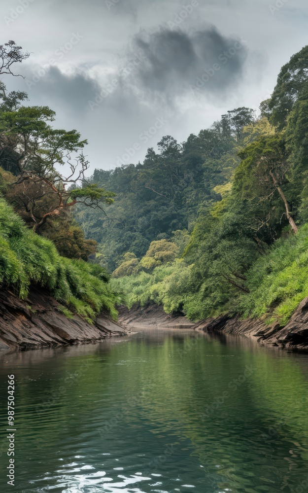 Serene River Flowing Through Lush Green Forest Under Blue Sky Serene River Flowing Through Lush Green Forest Under Blue Sky