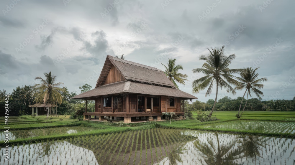 Traditional Wooden House in a Rural Rice Paddy Landscape Traditional Wooden House in a Rural Rice Paddy Landscape