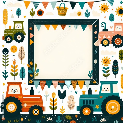 Creative frame with tractors in children style. Fun heavy machinery, agricultural vehicles