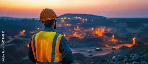 Construction Worker Overlooking Mining Site at Sunset with Safety Gear and Helmet photo