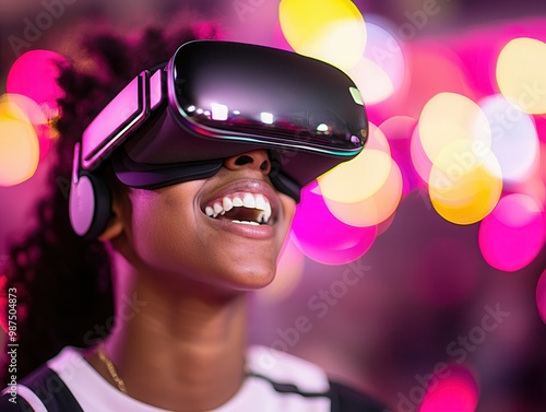 Young Woman Experiencing Virtual Reality with a Smile.