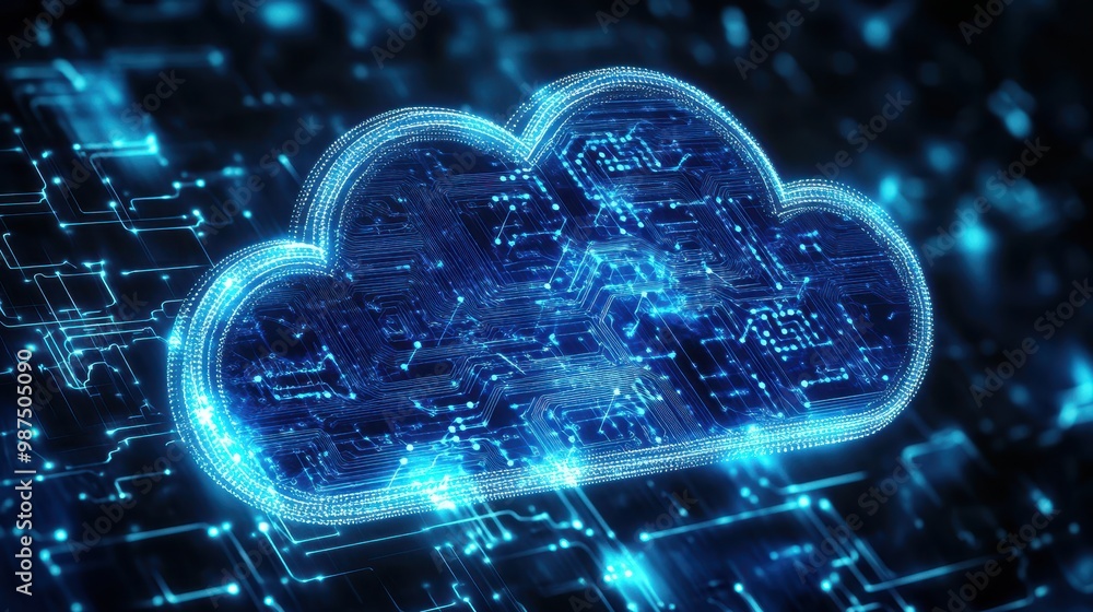 Futuristic Digital Cloud Computing Concept with Glowing Circuit Board and Data Connections Futuristic Digital Cloud Computing Concept with Glowing Circuit Board and Data Connections