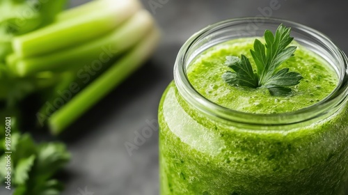 A healthful jar of green smoothie is topped with a fresh parsley garnish, with celery stalks in the background, emphasizing clean eating and a nutritious lifestyle.