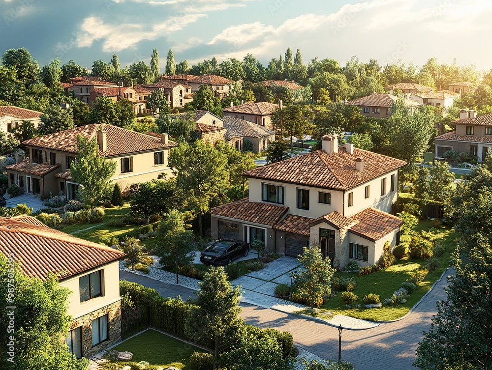 Modern Suburban Homes: Aerial View of Luxury Real Estate Modern Suburban Homes: Aerial View of Luxury Real Estate