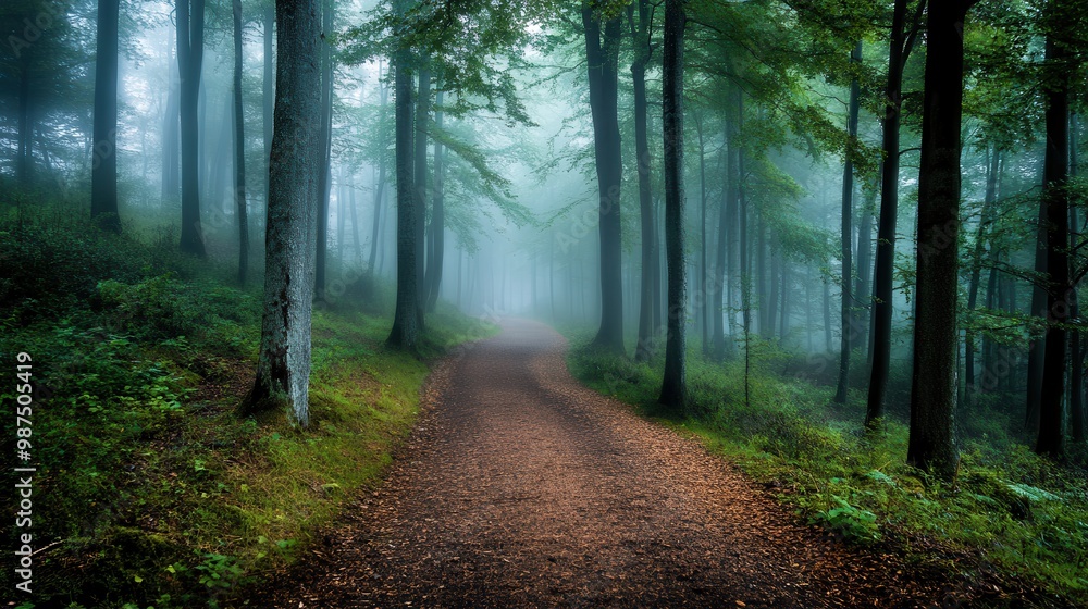 Naklejka premium Serene Forest Pathway in Early Morning Fog with Lush Greenery and Tall Trees